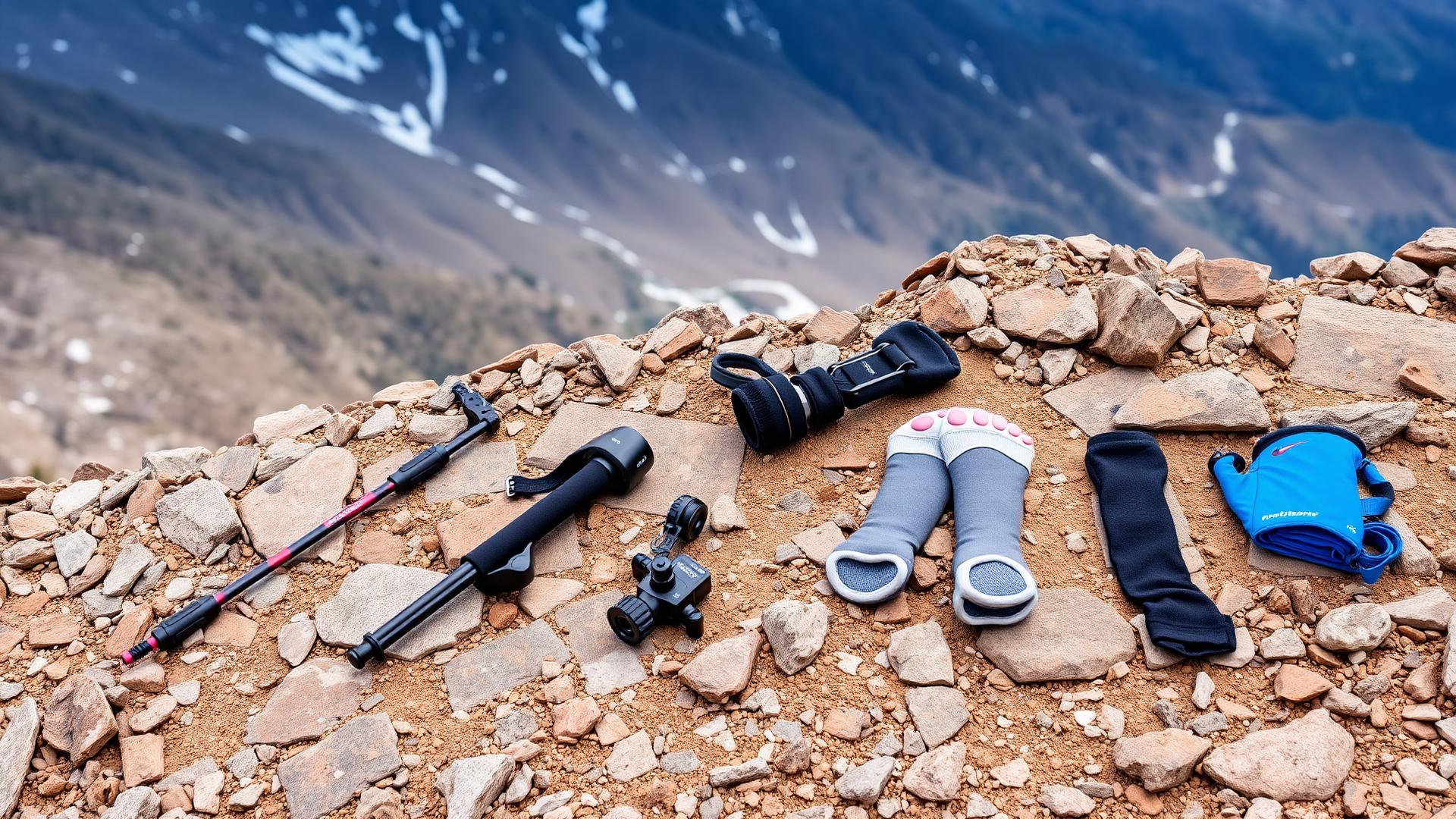 Hiking gear and wearable tech devices laid out on table