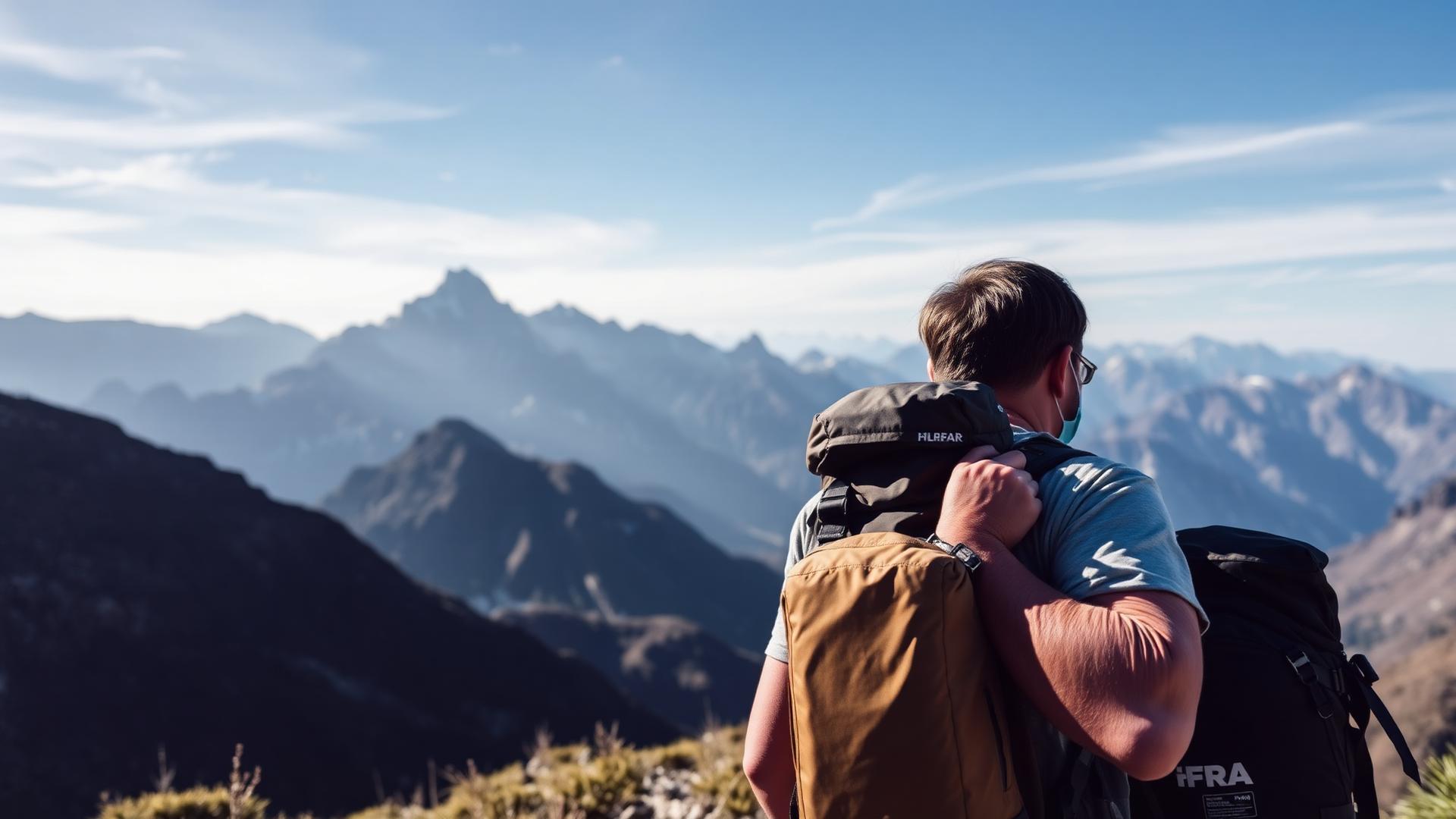 Hiker adjusting heavy backpack straps on mountain trail