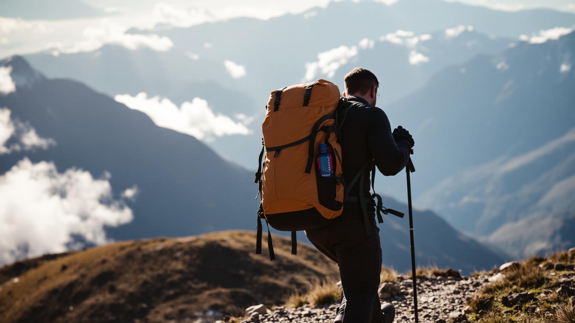 Hiker with heavy backpack on a mountain trail at sunset