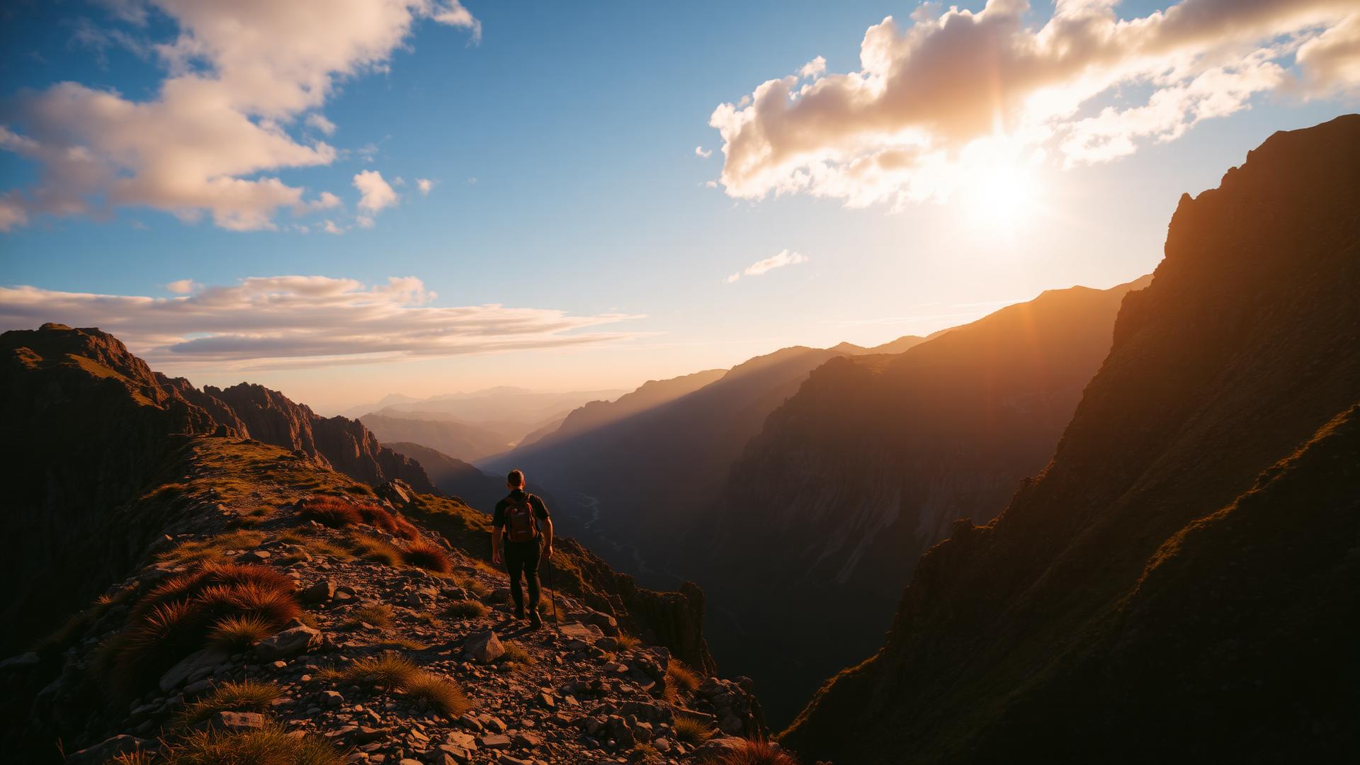 Hiker walking along dramatic mountain ridge at golden hour sunset