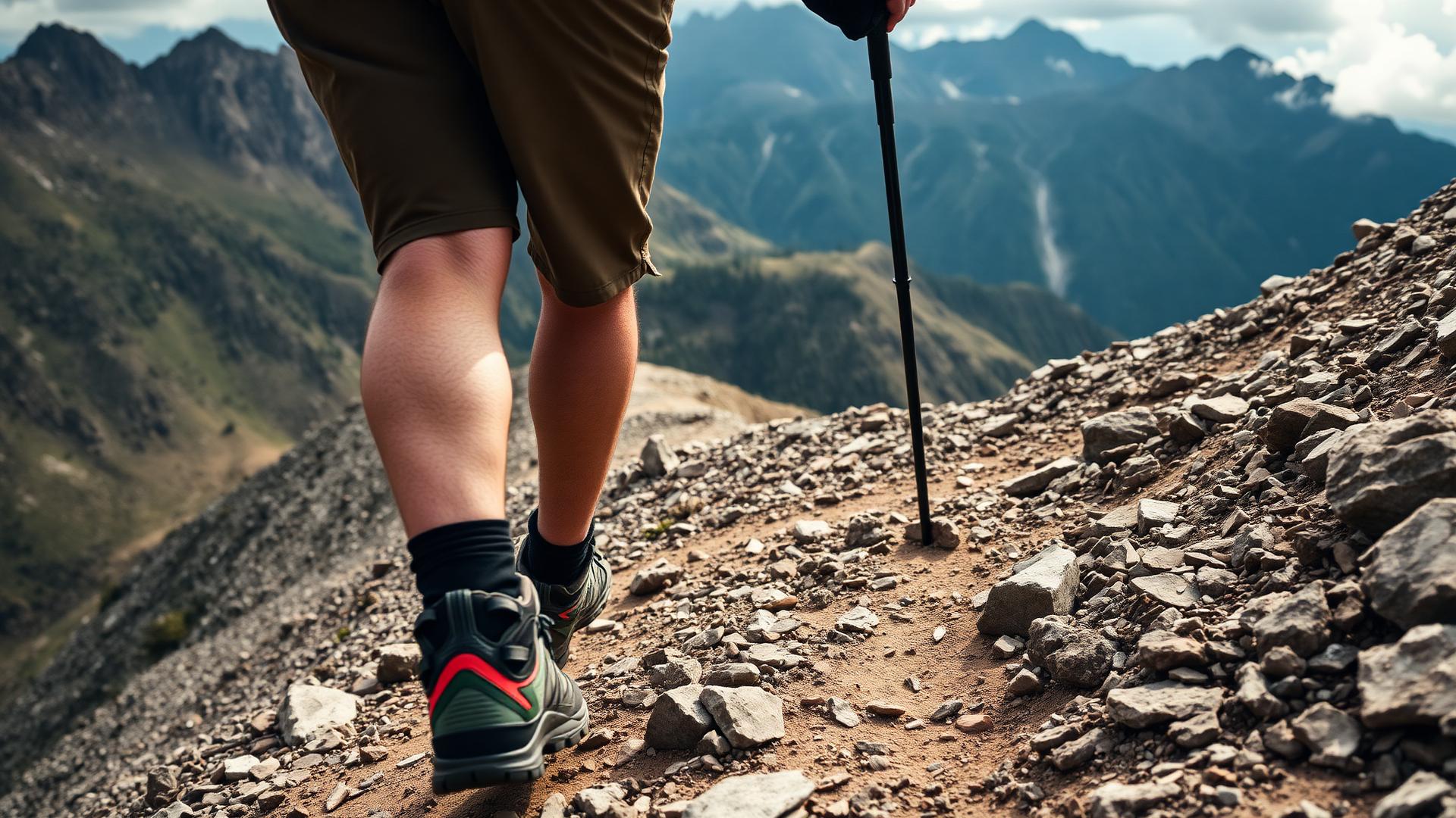 Hiker descending steep trail with trekking pole for knee protection