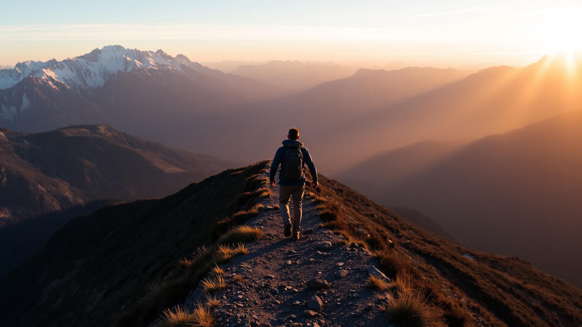 Hiker silhouetted at sunrise on long mountain trail